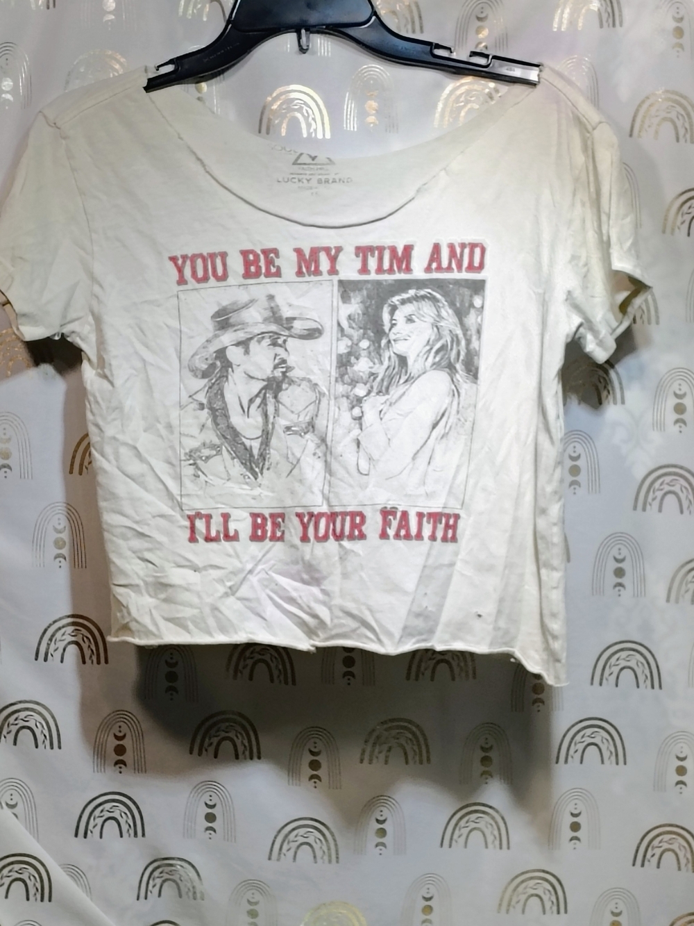 Lucky Brand Cream Crop Tee with Red Graphic Text